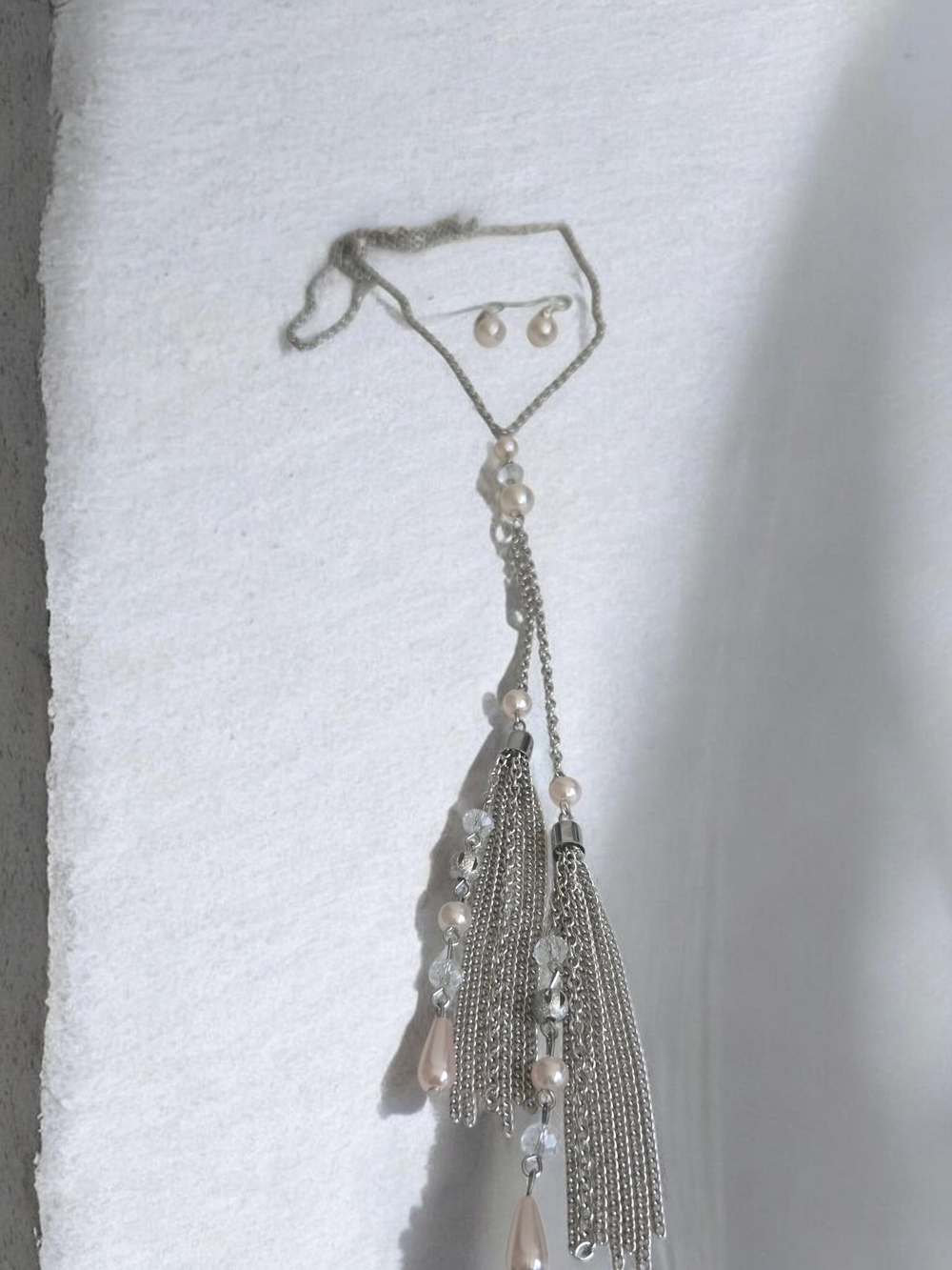 Silver Pearl Tassel Lariat Necklace and Earrings Set